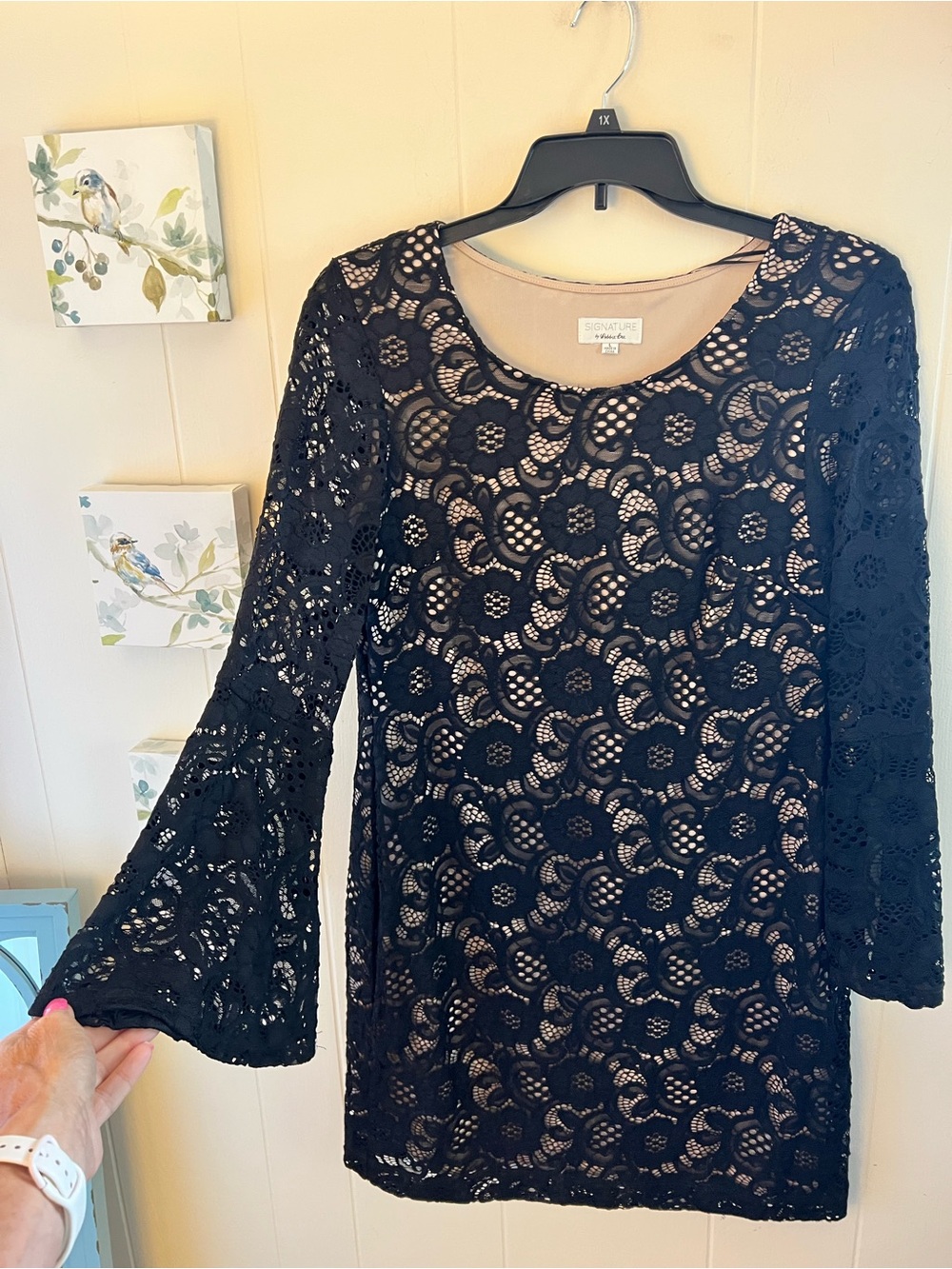 Large Signature Robbie Bee Black Floral Lace Bell-Sleeve Dress with Nude Lining